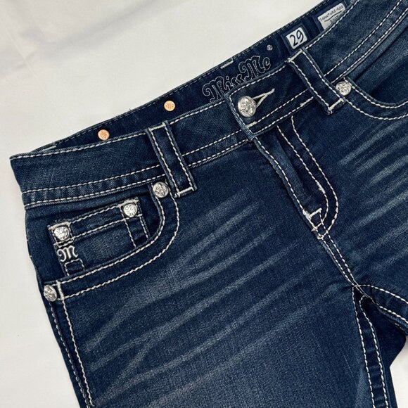 Miss Me Signature Rise Boot Jean 'Cut-Off' Denim Shorts Bling Pockets Size 29 - Picture 4 of 11